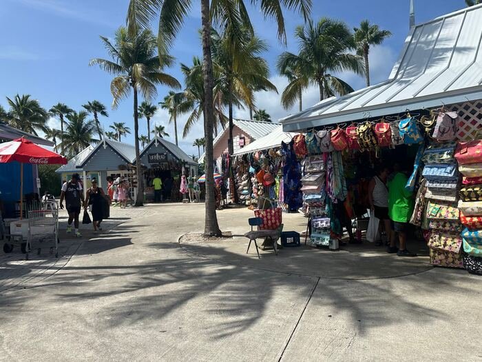 Colorful shops and palm trees along an island market street